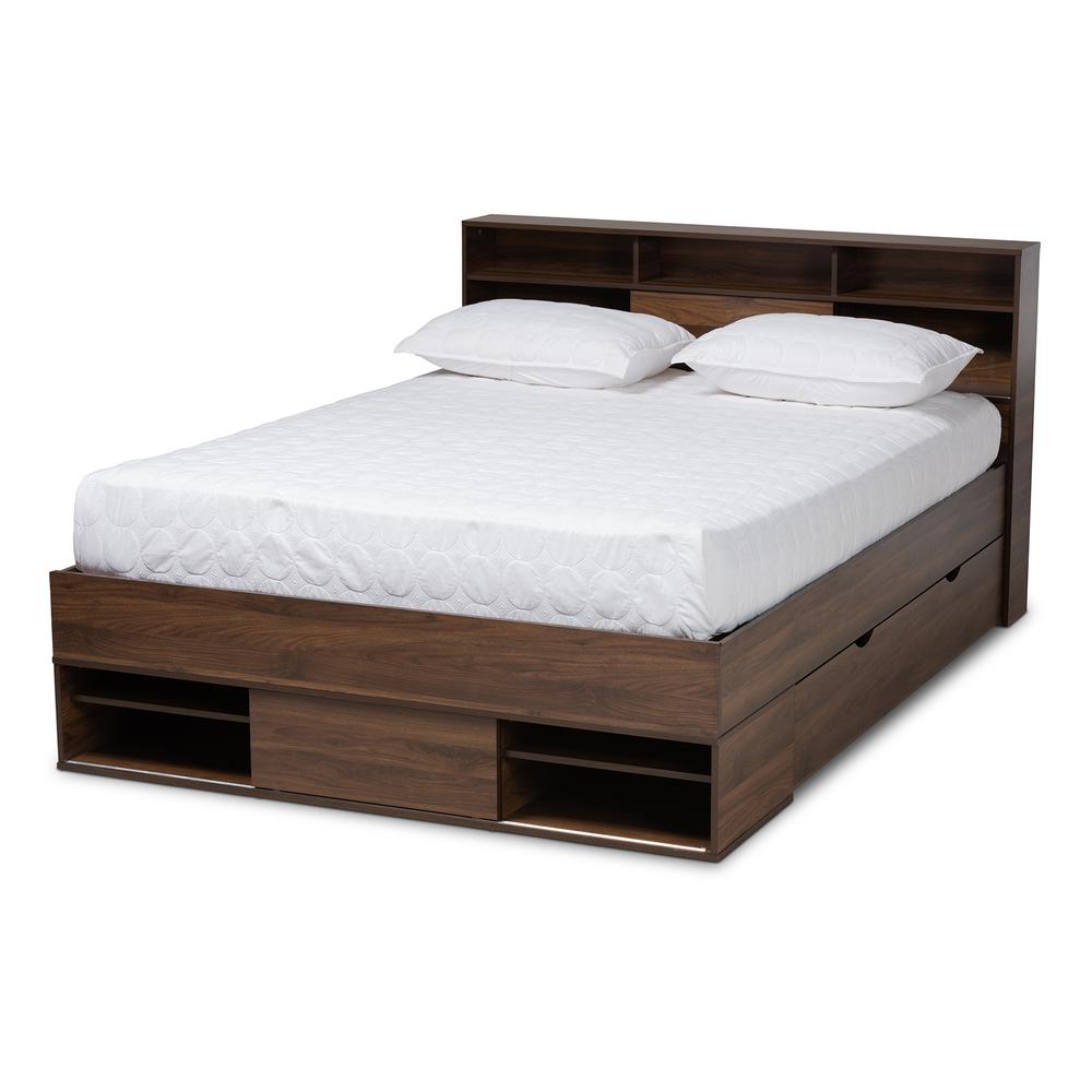 Walnut Brown Finished Wood 1-Drawer Queen Size Platform Storage Bed with Shelves. Picture 13