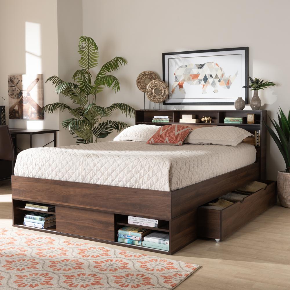 Walnut Brown Finished Wood 1-Drawer Queen Size Platform Storage Bed with Shelves. Picture 22