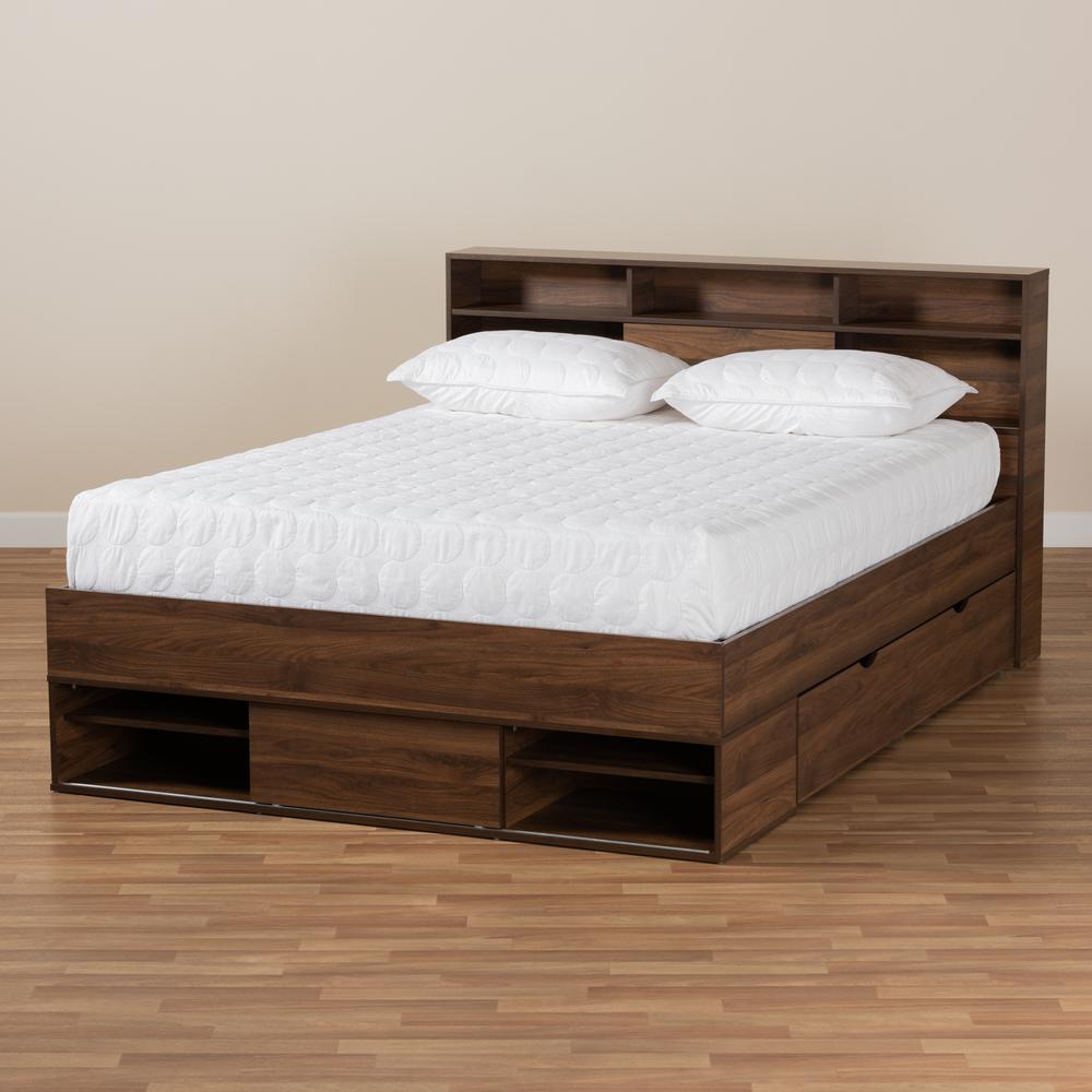 Walnut Brown Finished Wood 1-Drawer Queen Size Platform Storage Bed with Shelves. Picture 23