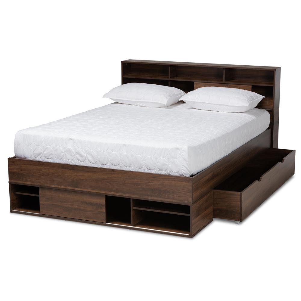 Walnut Brown Finished Wood 1-Drawer Queen Size Platform Storage Bed with Shelves. Picture 14