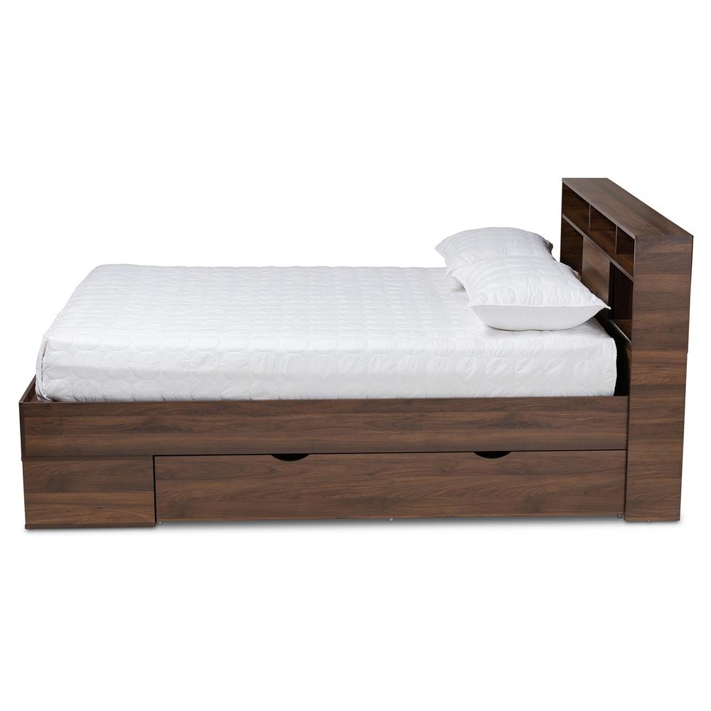 Walnut Brown Finished Wood 1-Drawer Queen Size Platform Storage Bed with Shelves. Picture 15