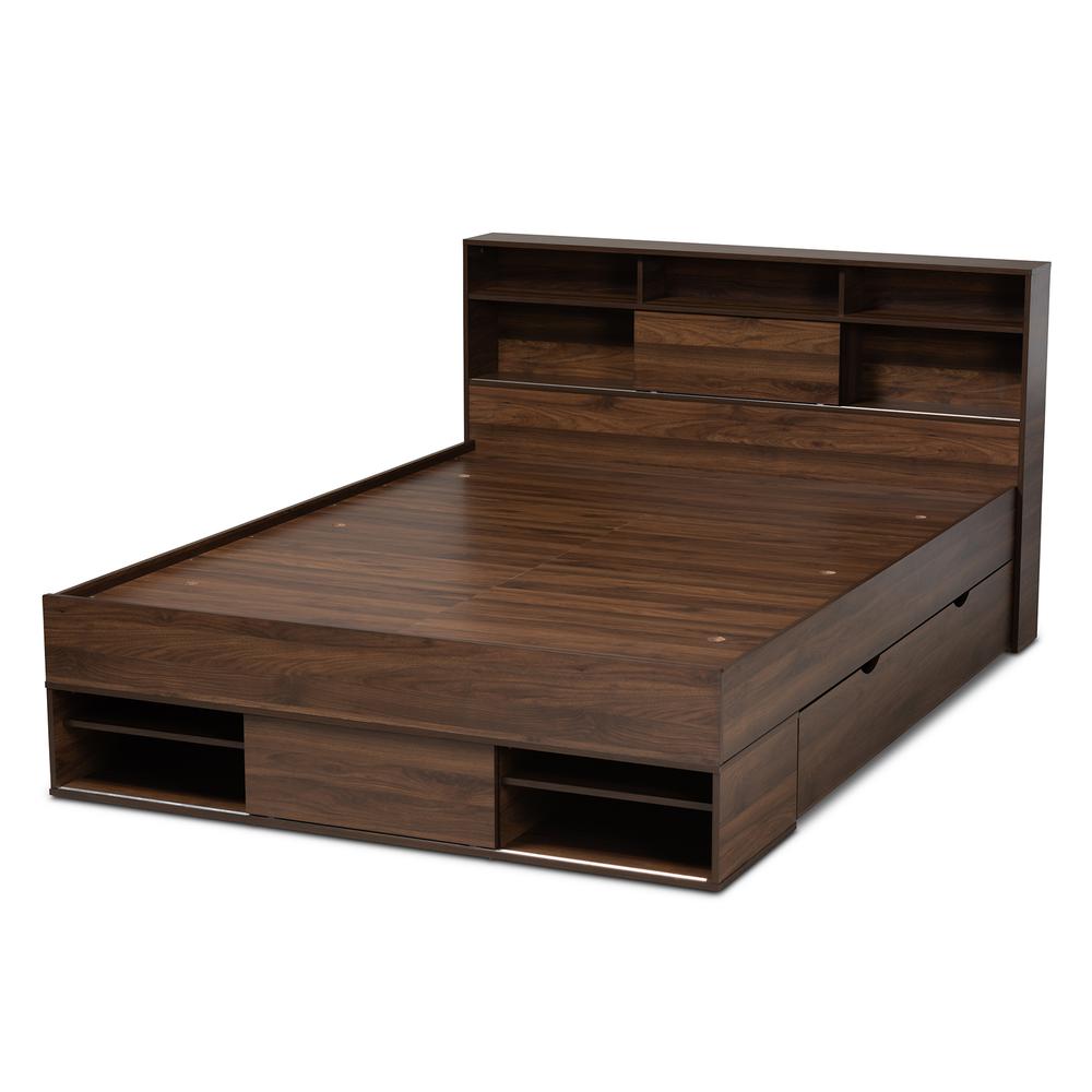 Walnut Brown Finished Wood 1-Drawer Queen Size Platform Storage Bed with Shelves. Picture 16