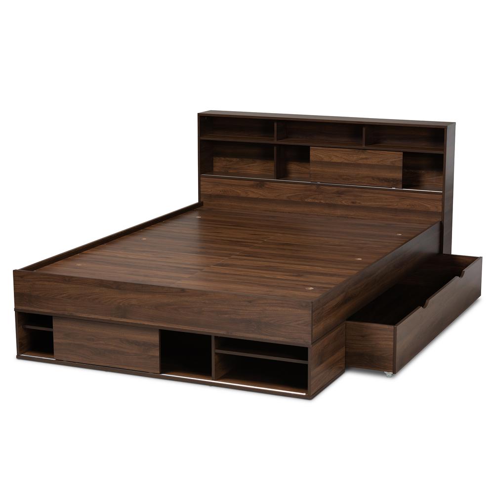 Walnut Brown Finished Wood 1-Drawer Queen Size Platform Storage Bed with Shelves. Picture 17