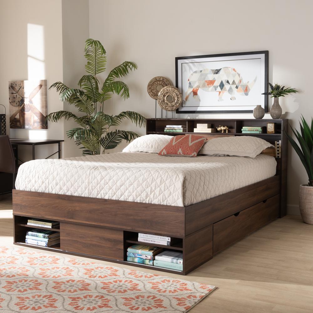 Walnut Brown Finished Wood 1-Drawer Queen Size Platform Storage Bed with Shelves. Picture 21