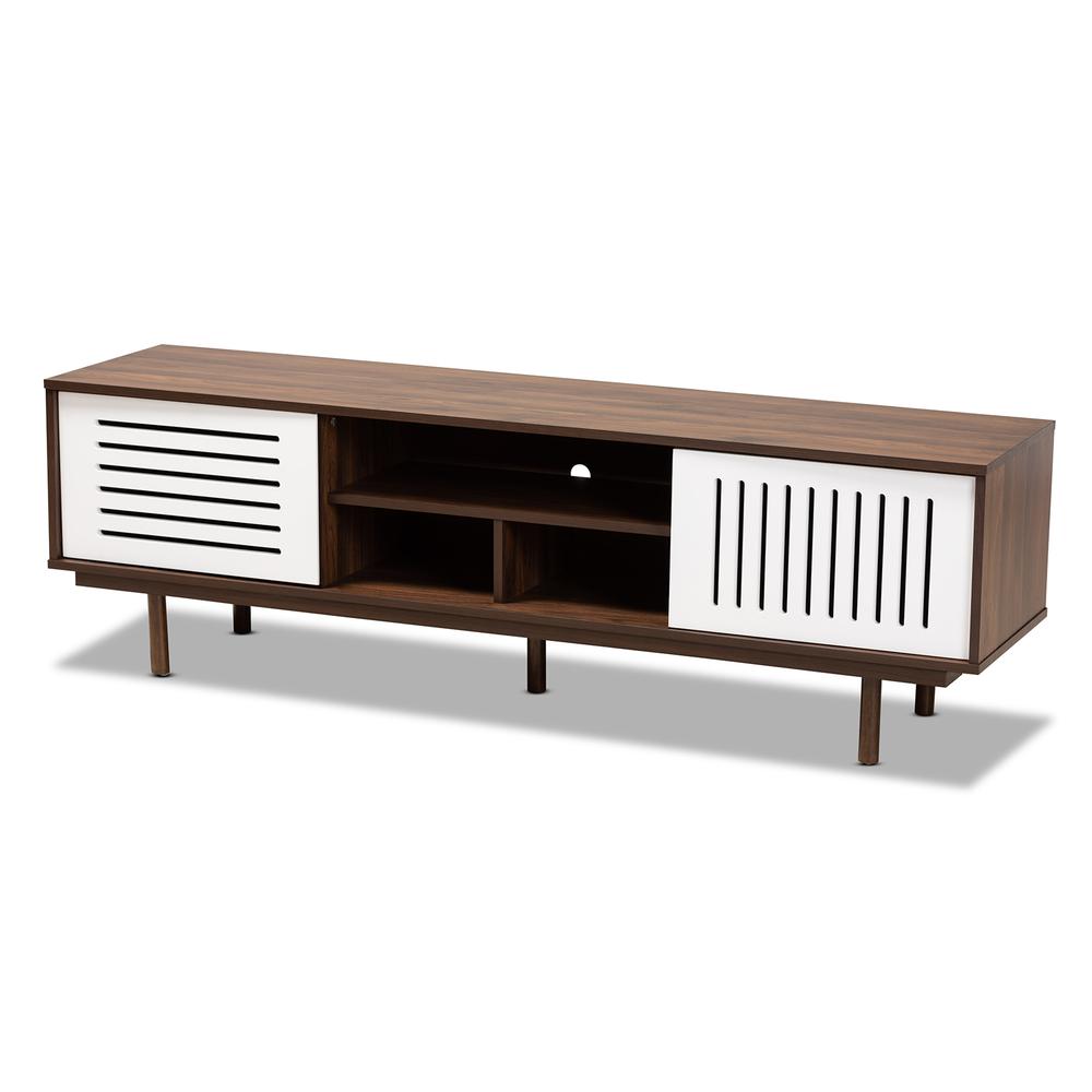 Meike Mid-Century Modern Two-Tone Walnut Brown and White Finished Wood TV Stand. Picture 10