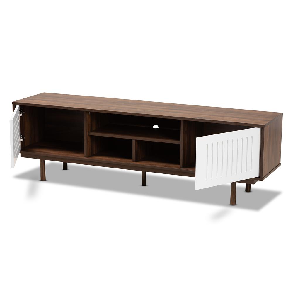 Meike Mid-Century Modern Two-Tone Walnut Brown and White Finished Wood TV Stand. Picture 11