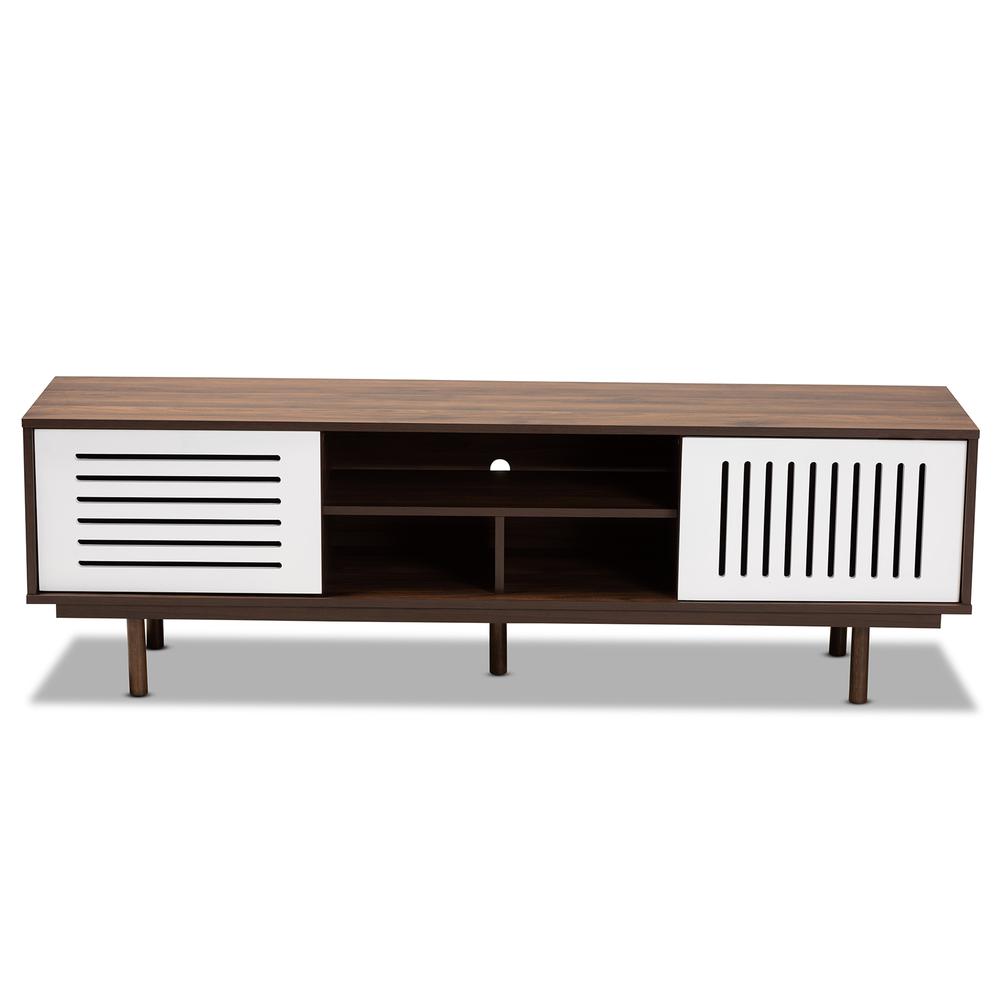 Meike Mid-Century Modern Two-Tone Walnut Brown and White Finished Wood TV Stand. Picture 12