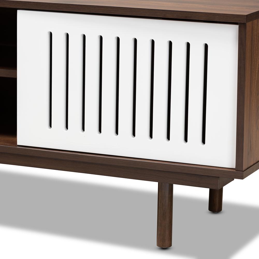 Meike Mid-Century Modern Two-Tone Walnut Brown and White Finished Wood TV Stand. Picture 14