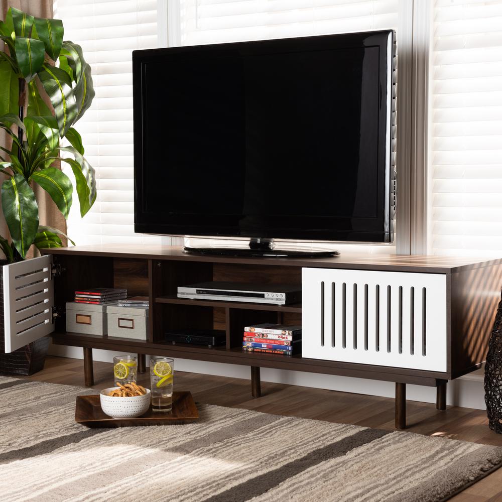 Meike Mid-Century Modern Two-Tone Walnut Brown and White Finished Wood TV Stand. Picture 16