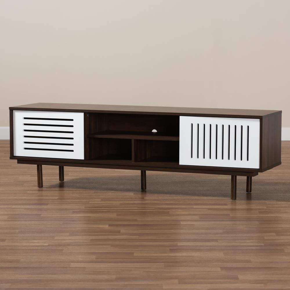 Meike Mid-Century Modern Two-Tone Walnut Brown and White Finished Wood TV Stand. Picture 17