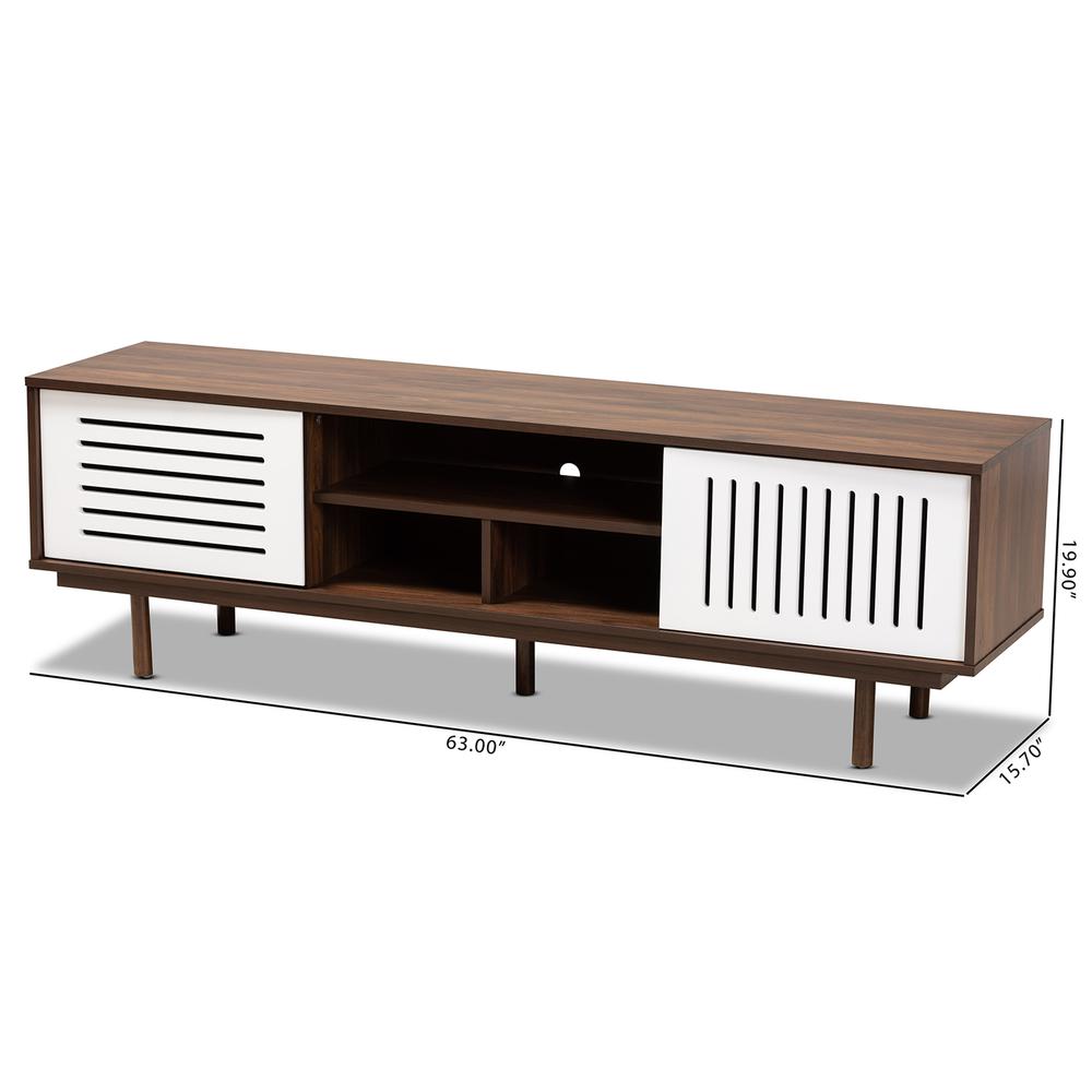 Meike Mid-Century Modern Two-Tone Walnut Brown and White Finished Wood TV Stand. Picture 18