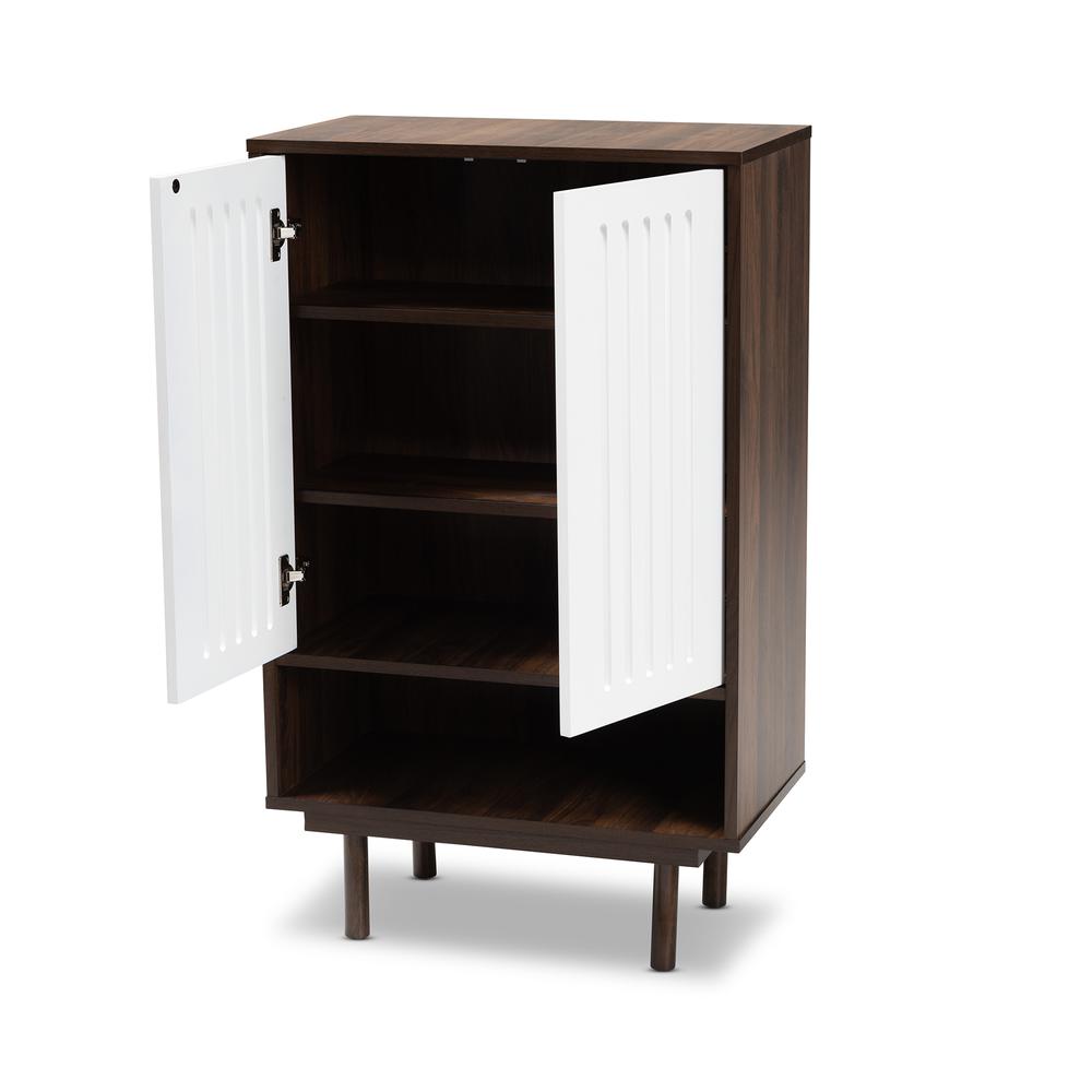Two-Tone Walnut Brown and White Finished Wood 2-Door Shoe Cabinet. Picture 12
