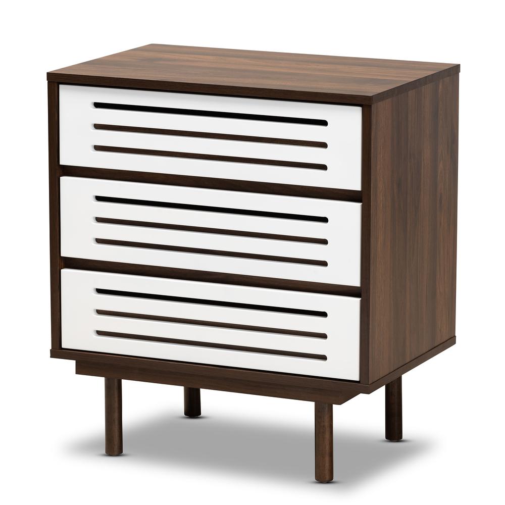 Two-Tone Walnut Brown and White Finished Wood 3-Drawer Nightstand. Picture 10