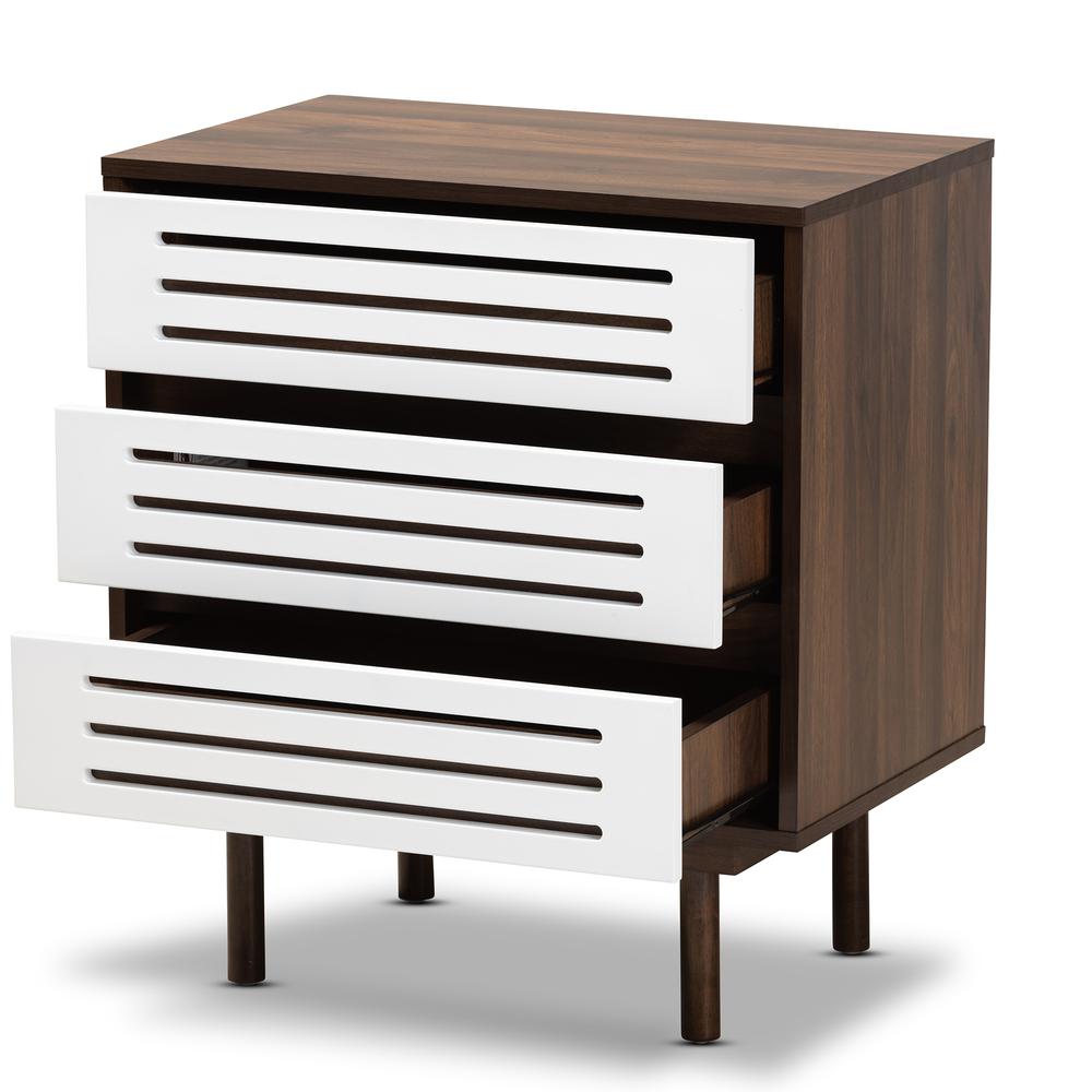 Two-Tone Walnut Brown and White Finished Wood 3-Drawer Nightstand. Picture 11