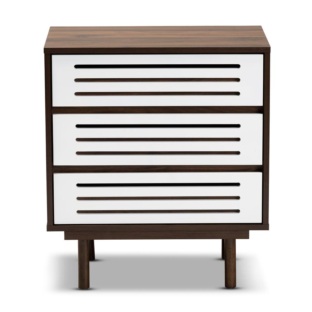 Two-Tone Walnut Brown and White Finished Wood 3-Drawer Nightstand. Picture 12
