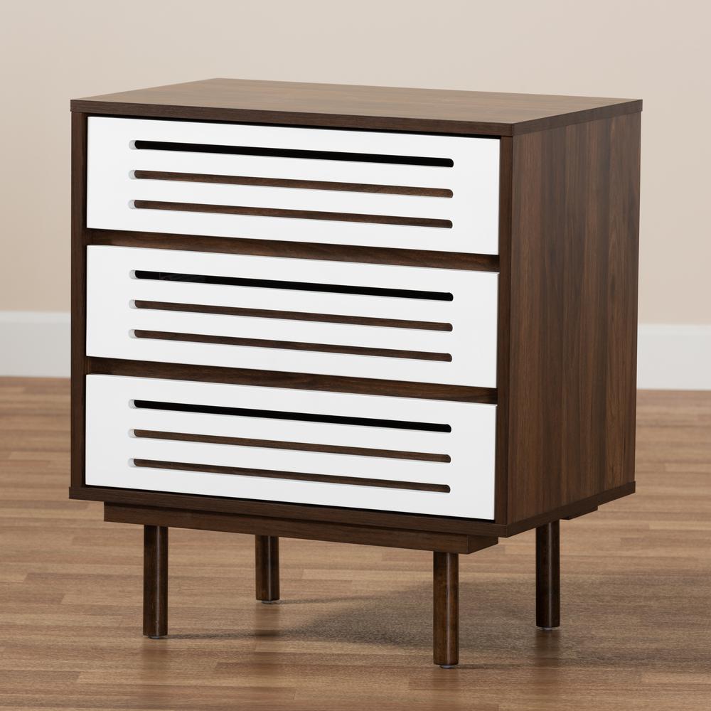 Two-Tone Walnut Brown and White Finished Wood 3-Drawer Nightstand. Picture 17