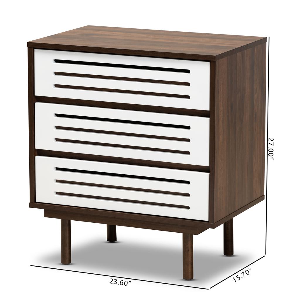 Two-Tone Walnut Brown and White Finished Wood 3-Drawer Nightstand. Picture 18