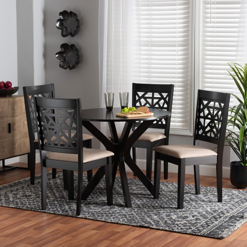 Karel Modern Beige Fabric and Espresso Brown Finished Wood 5-Piece Dining Set. Picture 18