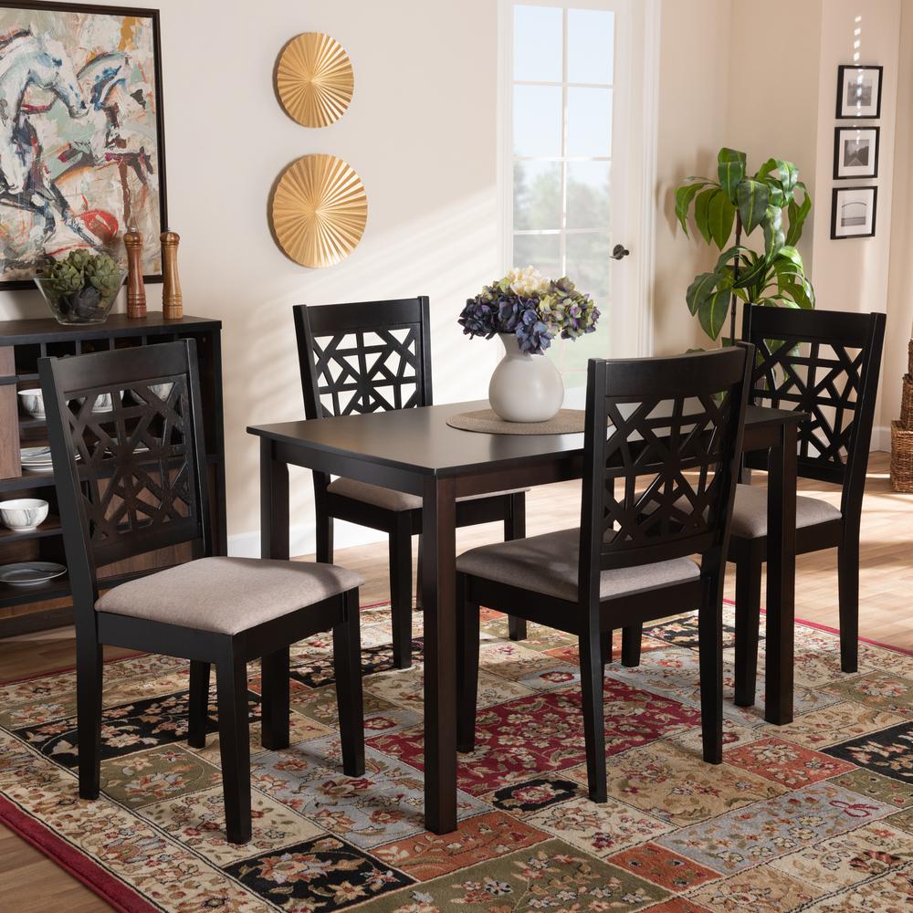 Sand Fabric Upholstered and Espresso Brown Finished Wood 5-Piece Dining Set. Picture 16