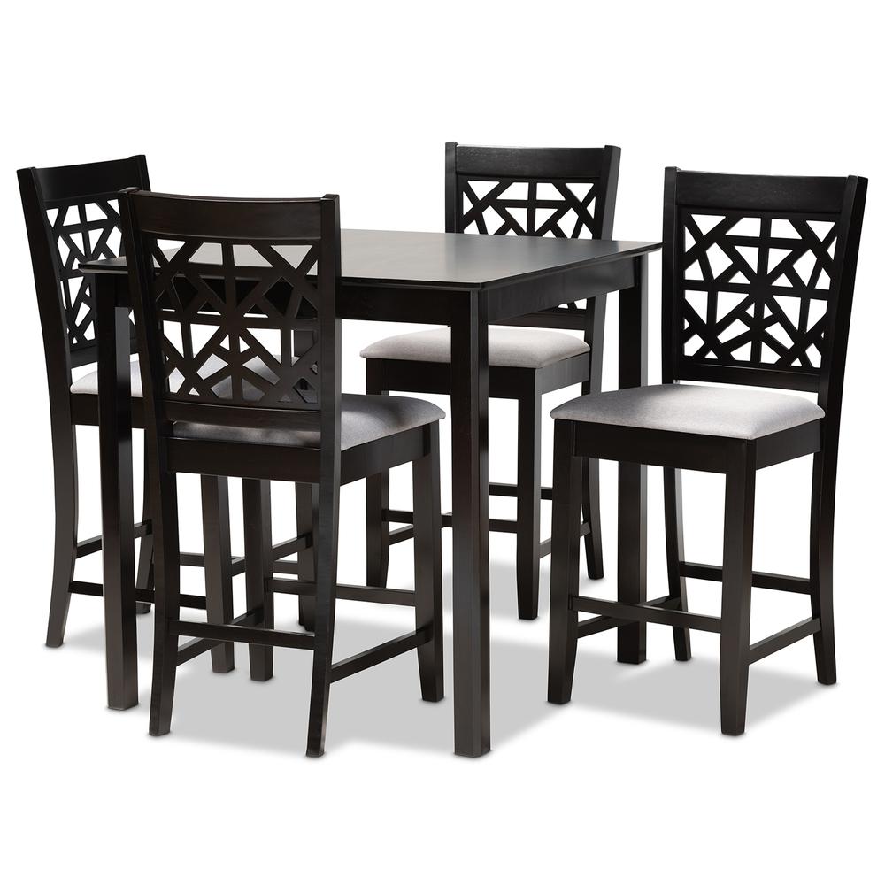 Grey Fabric Upholstered and Espresso Brown Finished Wood 5-Piece Pub Dining Set. Picture 9