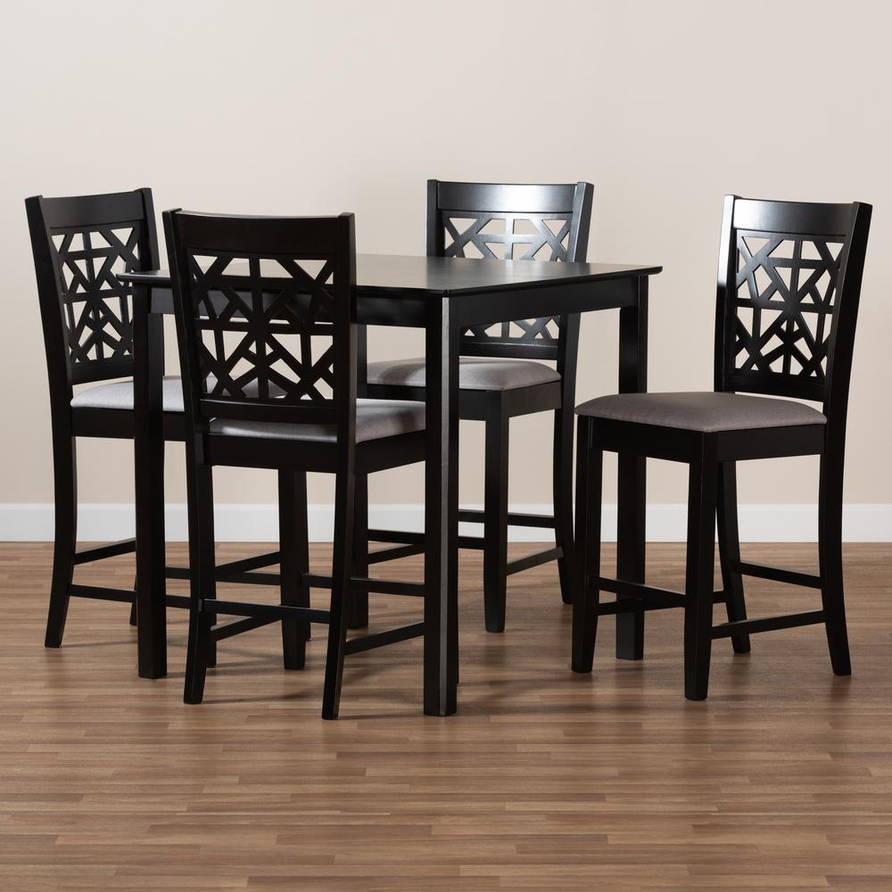 Grey Fabric Upholstered and Espresso Brown Finished Wood 5-Piece Pub Dining Set. Picture 15