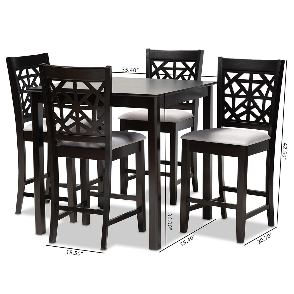 Grey Fabric Upholstered and Espresso Brown Finished Wood 5-Piece Pub Dining Set. Picture 16