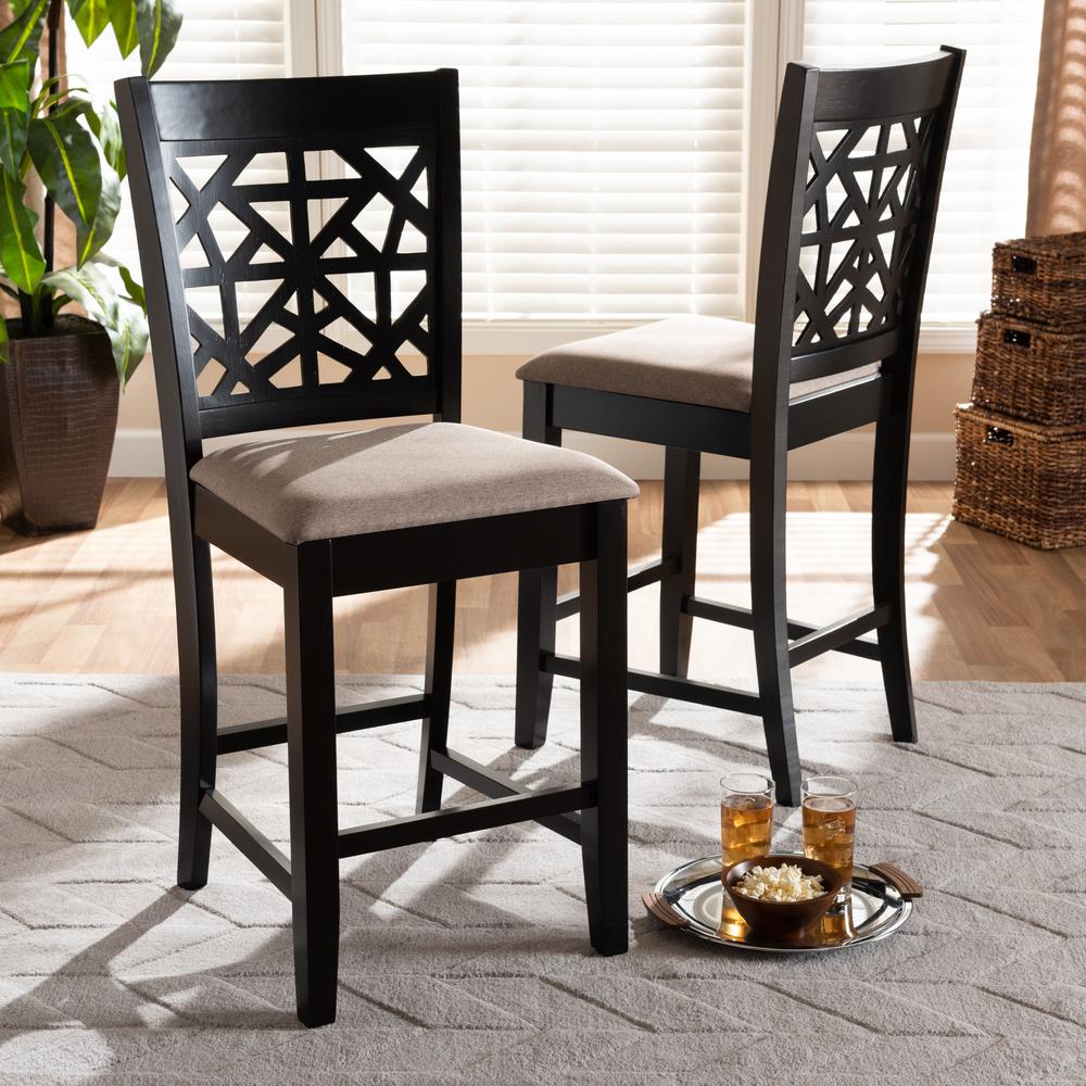 Baxton Studio Devon Modern and Contemporary Sand Fabric Upholstered and Espresso Brown Finished Wood 2-Piece Counter Height Pub Chair Set. Picture 7