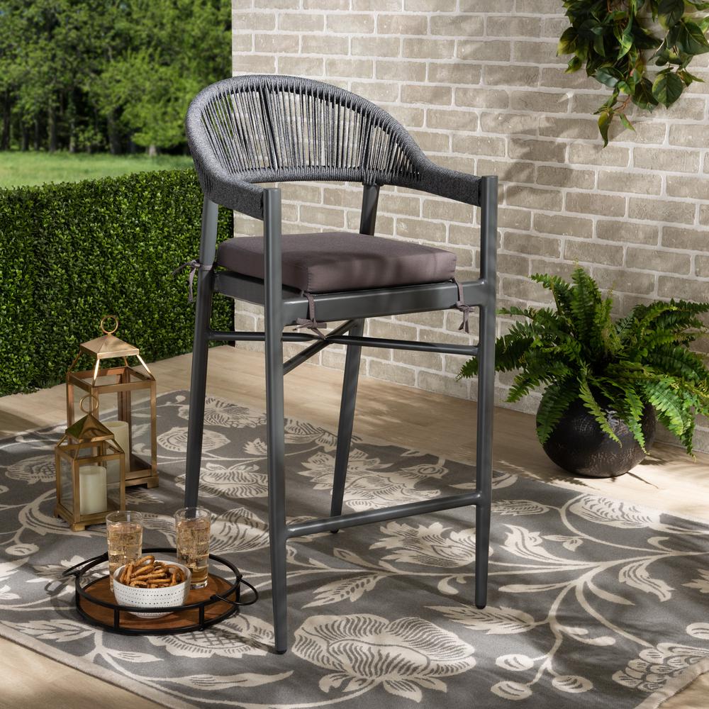 Wendell Modern and Contemporary Grey Finished Rope and Metal Outdoor Bar Stool. Picture 18