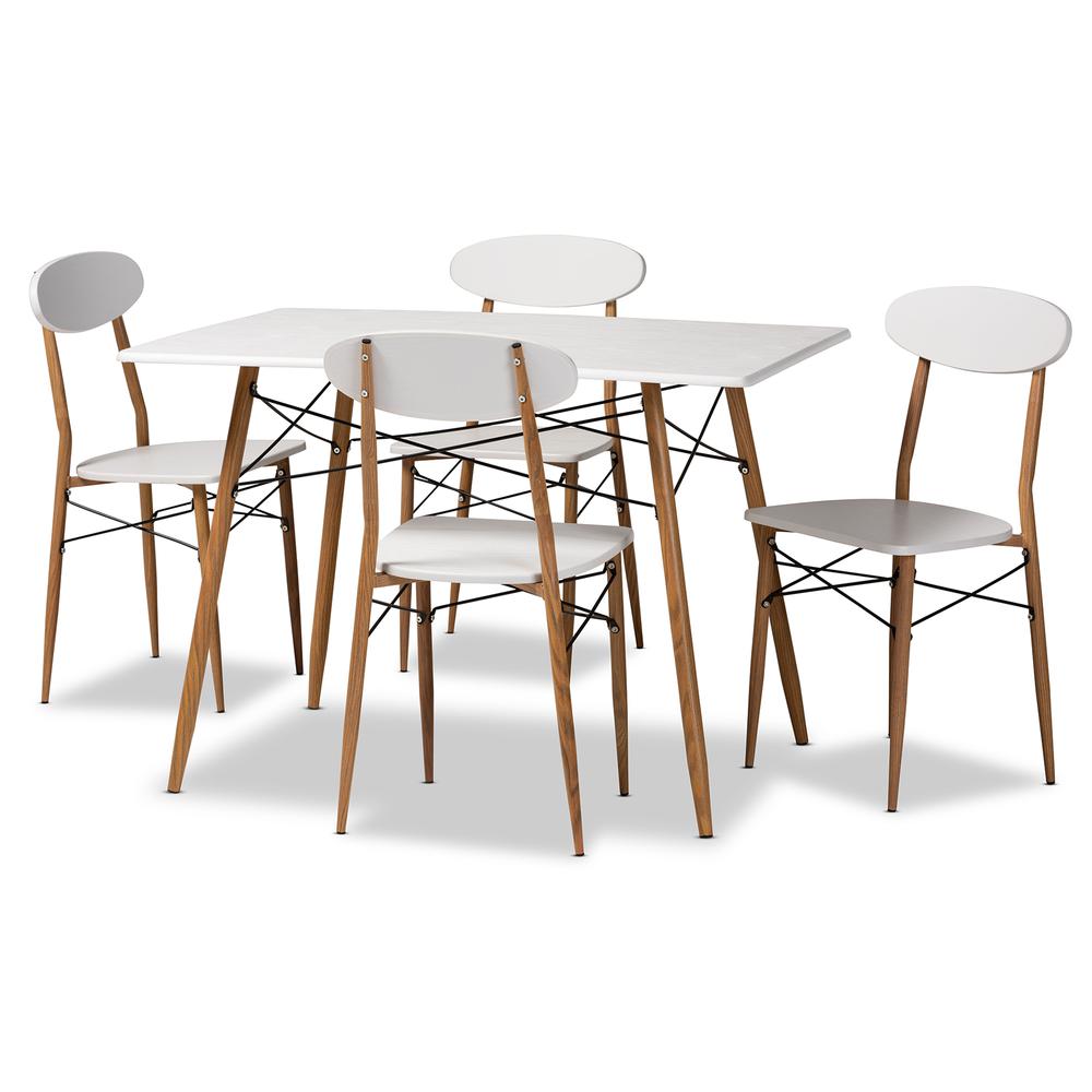Wayne Modern and Contemporary White and Walnut Finished Metal 5-Piece Dining Set. Picture 9