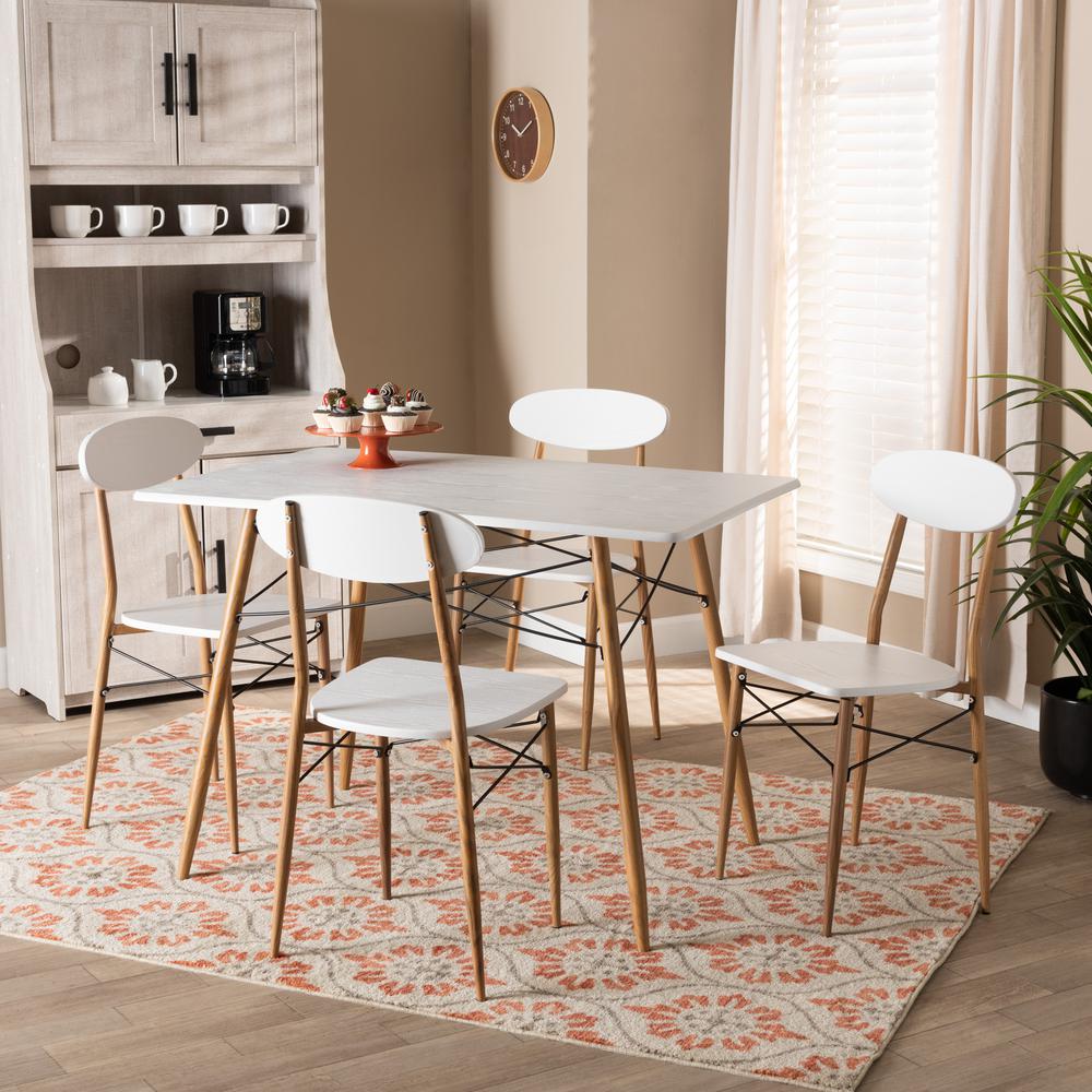 Wayne Modern and Contemporary White and Walnut Finished Metal 5-Piece Dining Set. Picture 14