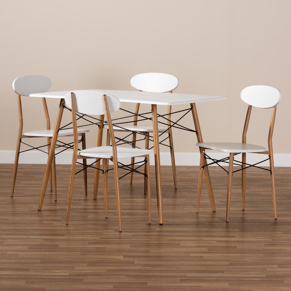 Wayne Modern and Contemporary White and Walnut Finished Metal 5-Piece Dining Set. Picture 15
