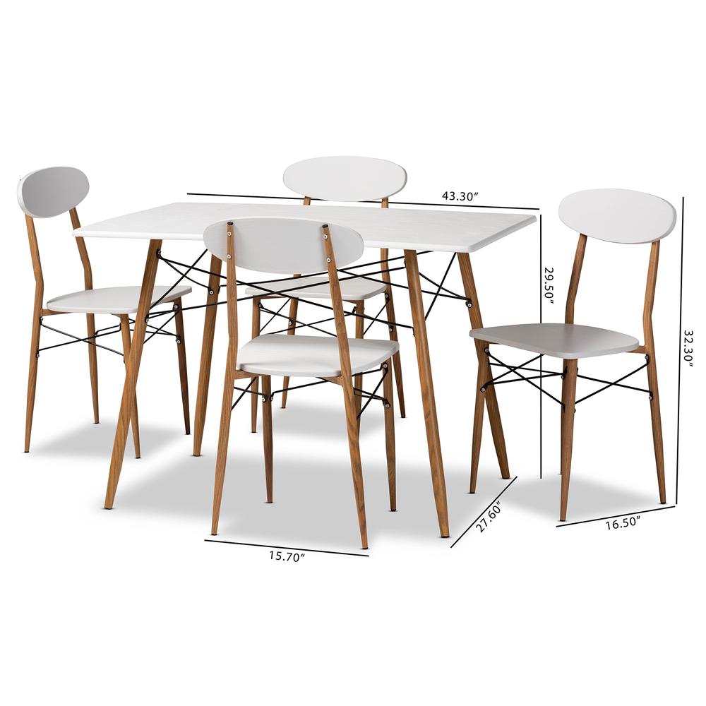 Wayne Modern and Contemporary White and Walnut Finished Metal 5-Piece Dining Set. Picture 16