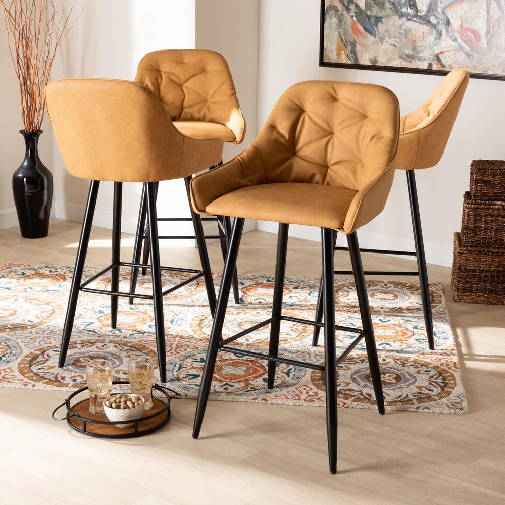 Catherine Modern and Contemporary Tan Faux Leather Upholstered and Black Metal 4-Piece Bar Stool Set. Picture 6