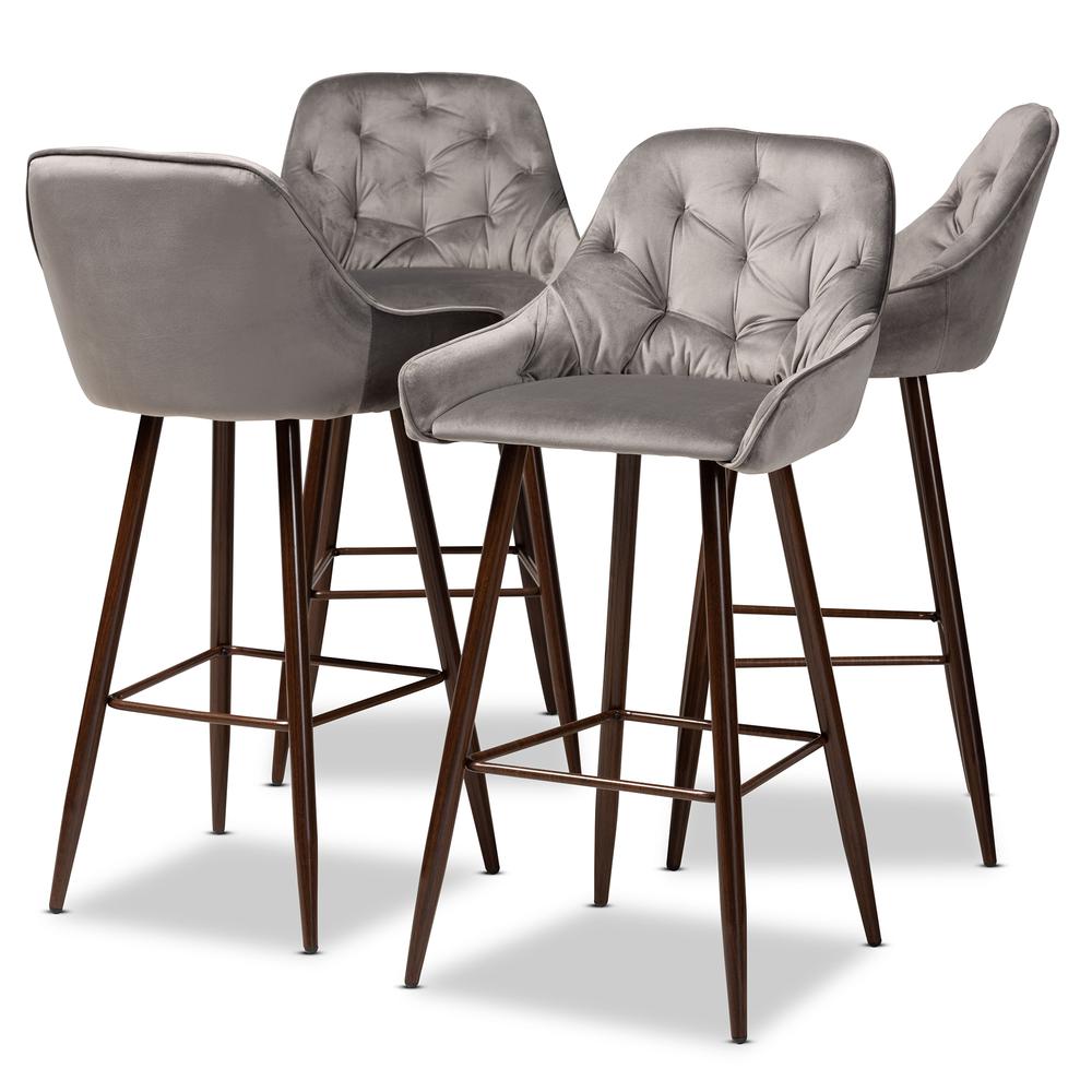 Grey Velvet Fabric Upholstered and Walnut Finished 4-Piece Bar Stool Set. Picture 8
