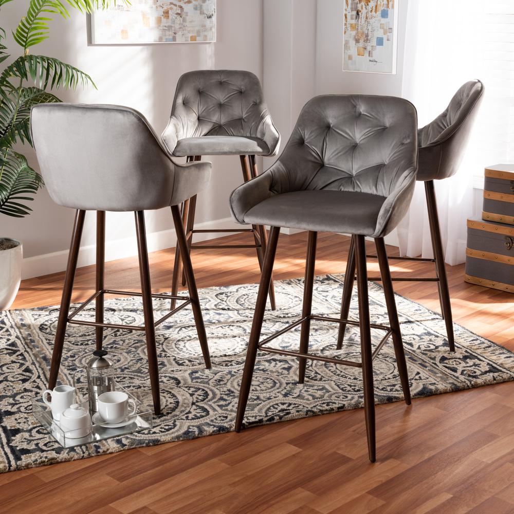 Catherine Modern and Contemporary Grey Velvet Fabric Upholstered and Walnut Finished 4-Piece Bar Stool Set. Picture 6