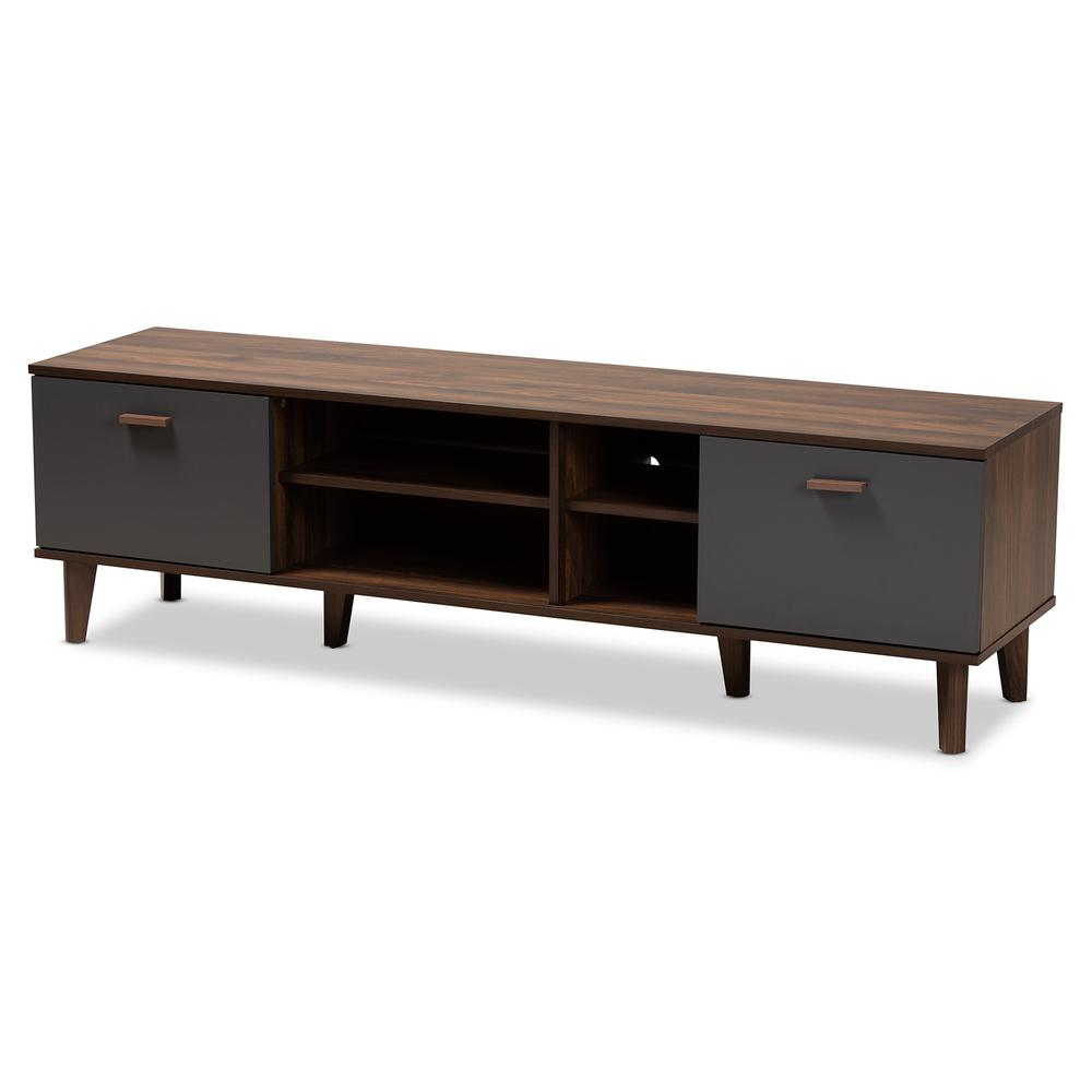 Moina Mid-Century Modern Two-Tone Walnut Brown and Grey Finished Wood TV Stand. Picture 11