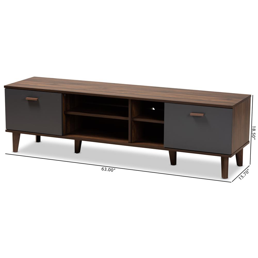 Moina Mid-Century Modern Two-Tone Walnut Brown and Grey Finished Wood TV Stand. Picture 20