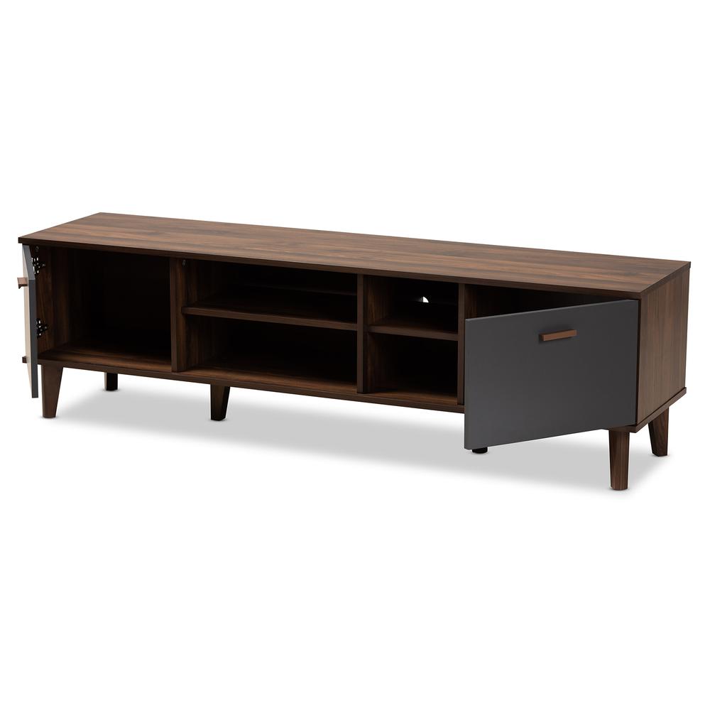 Moina Mid-Century Modern Two-Tone Walnut Brown and Grey Finished Wood TV Stand. Picture 12