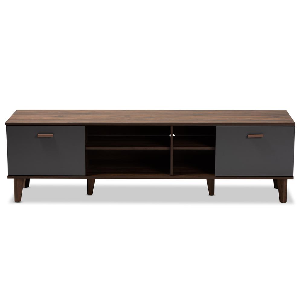 Moina Mid-Century Modern Two-Tone Walnut Brown and Grey Finished Wood TV Stand. Picture 13