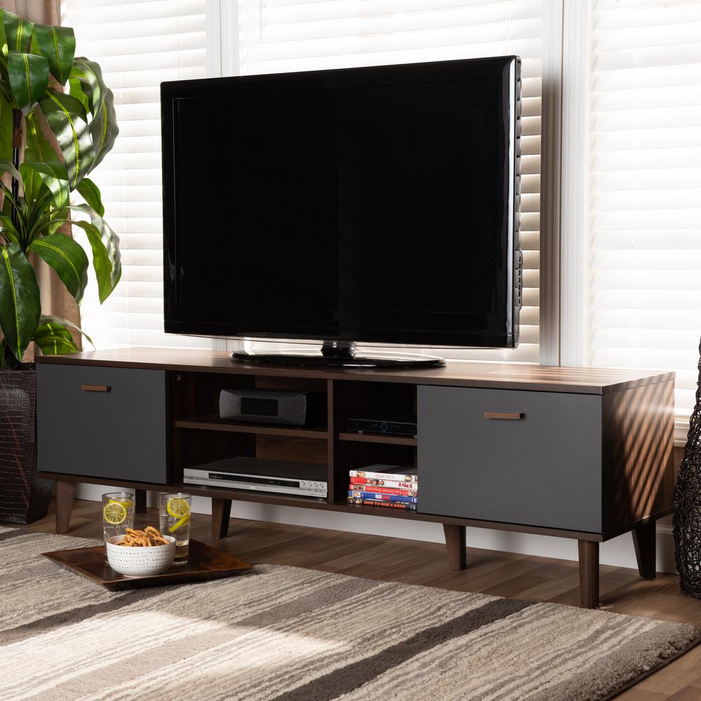 Moina Mid-Century Modern Two-Tone Walnut Brown and Grey Finished Wood TV Stand. Picture 17