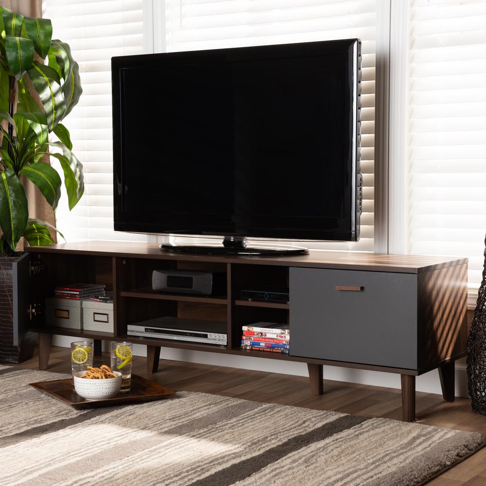 Moina Mid-Century Modern Two-Tone Walnut Brown and Grey Finished Wood TV Stand. Picture 18