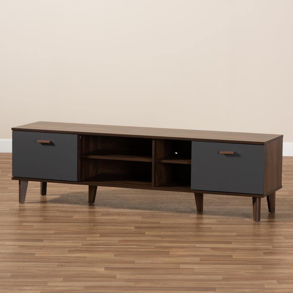 Moina Mid-Century Modern Two-Tone Walnut Brown and Grey Finished Wood TV Stand. Picture 19