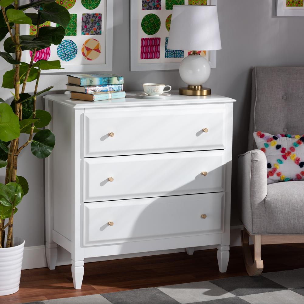Naomi Classic and Transitional White Finished Wood 3-Drawer Bedroom Chest. Picture 16