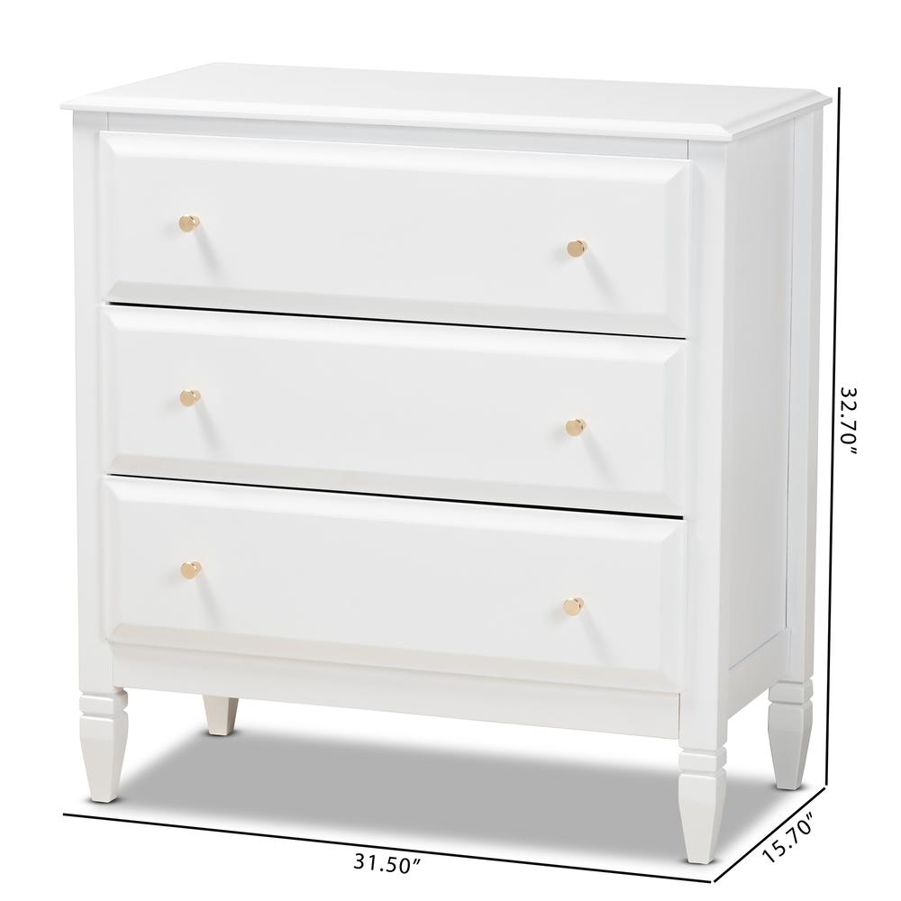 Naomi Classic and Transitional White Finished Wood 3-Drawer Bedroom Chest. Picture 18