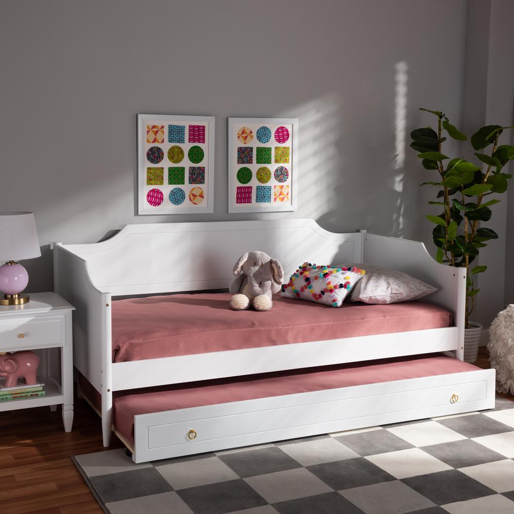 Farmhouse White Finished Wood Twin Size Daybed with Roll-Out Trundle Bed. Picture 22