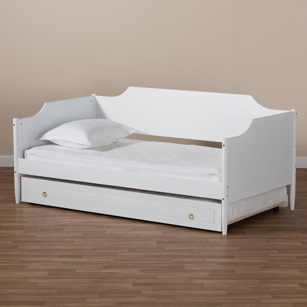 Farmhouse White Finished Wood Twin Size Daybed with Roll-Out Trundle Bed. Picture 23