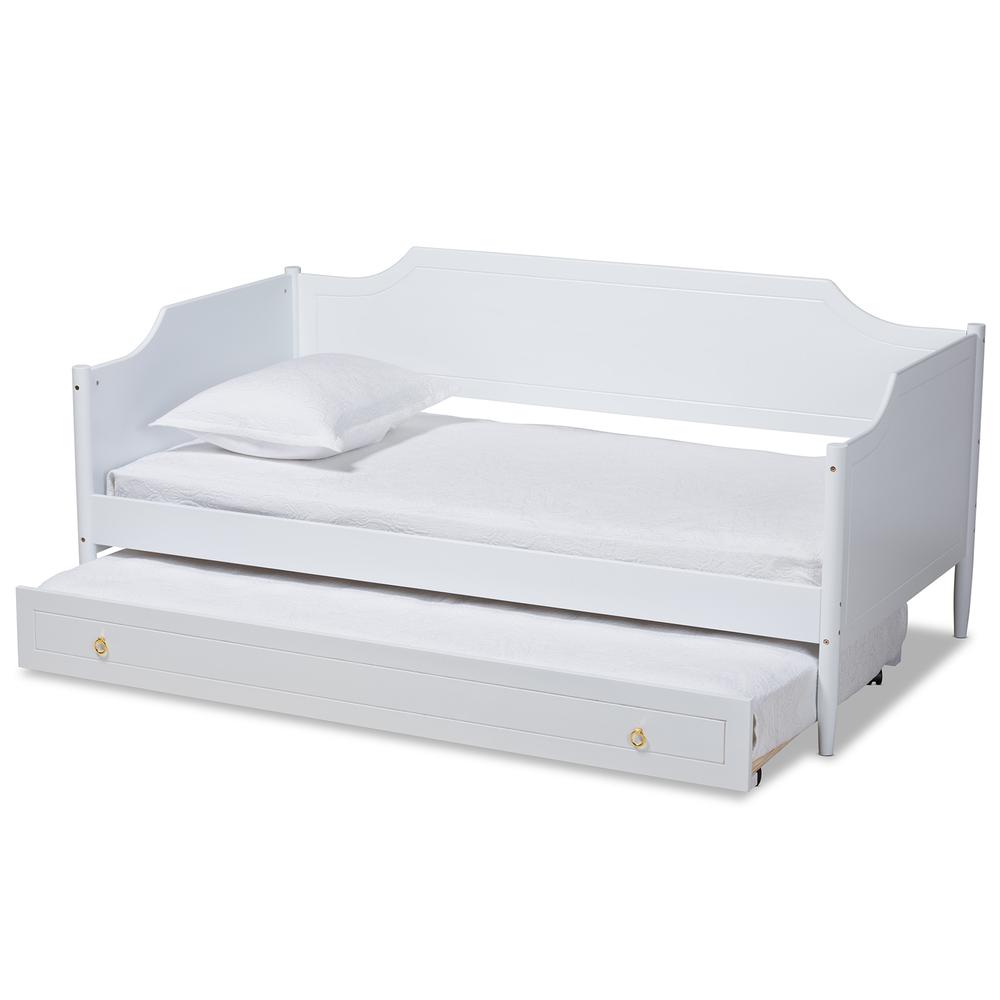 Farmhouse White Finished Wood Twin Size Daybed with Roll-Out Trundle Bed. Picture 14