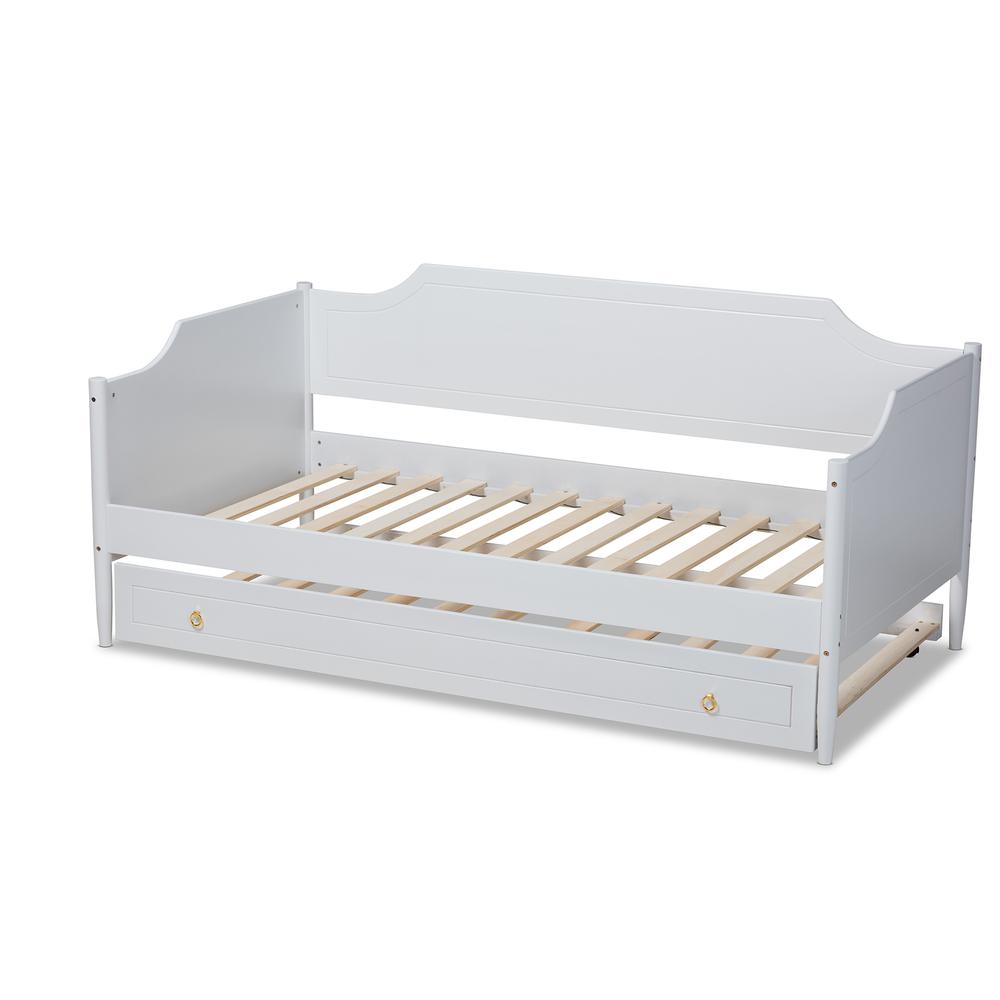 Farmhouse White Finished Wood Twin Size Daybed with Roll-Out Trundle Bed. Picture 16