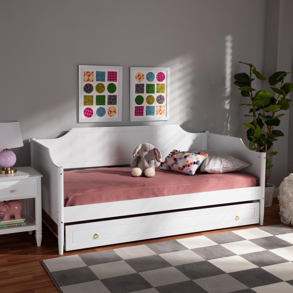 Farmhouse White Finished Wood Twin Size Daybed with Roll-Out Trundle Bed. Picture 21