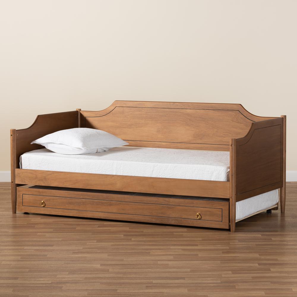 Farmhouse Walnut Brown Finished Wood Twin Size Daybed with Roll-Out Trundle Bed. Picture 23